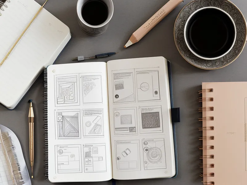 Skizzenbuch einer Designerin mit einer handgezeichneten User Journey Map für eine Paarbeziehung.