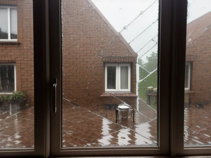 Regnerischer Blick aus einem Altbaufenster in Eimsbüttel mit Tasse Tee auf der Fensterbank, Sinnbild für die stille Verarbeitung nach einem Familienbesuch