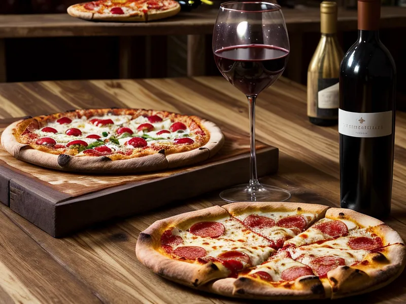 Zwei Gläser Rotwein und eine Pizza auf einem Holztisch in einem italienischen Restaurant.