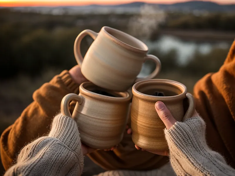 Zwei Hände mit Kaffeetassen auf einem Balkon über den Dächern von Hamburg.