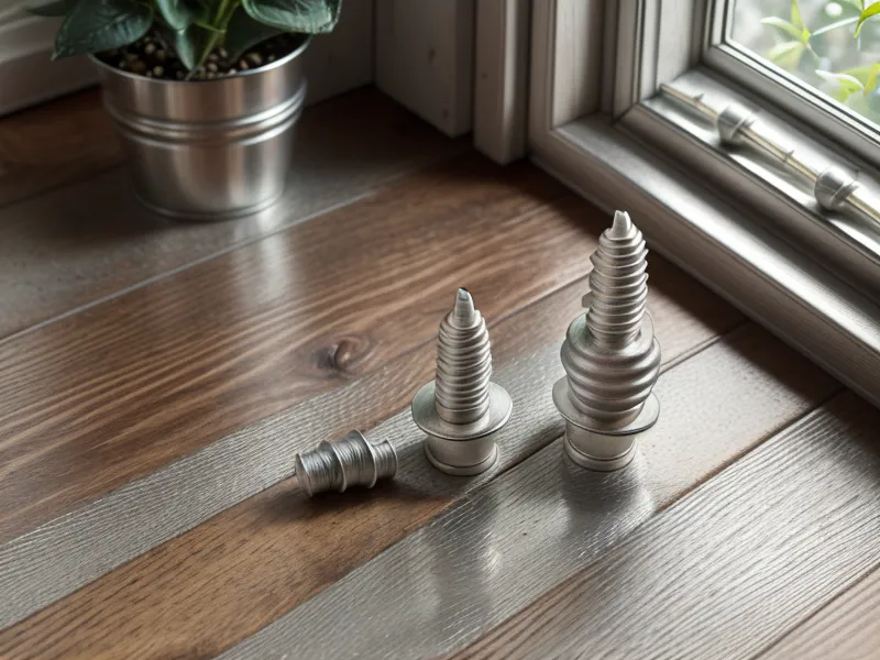 Nahaufnahme von IKEA-Schrauben, einer Bauanleitung und einer kleinen Pflanze auf Parkettboden.