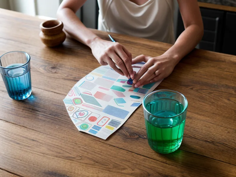 Nahaufnahme eines Human Design Partnerschaft-Charts auf einem Holztisch.