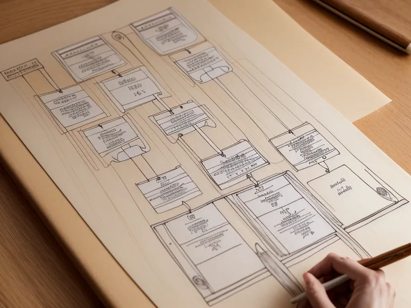 Eine handgezeichnete Skizze eines Beziehungs-Wireframes auf einem Schreibtisch.