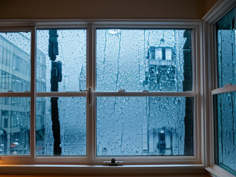 Blick aus einem Fenster in Eimsbüttel auf eine regnerische Straße bei Abendlicht.