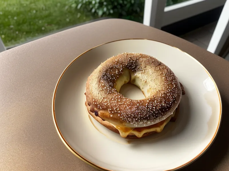 Ein Franzbrötchen auf einem Teller vor einem Fenster mit Blick auf einen Hamburger Hinterhof.
